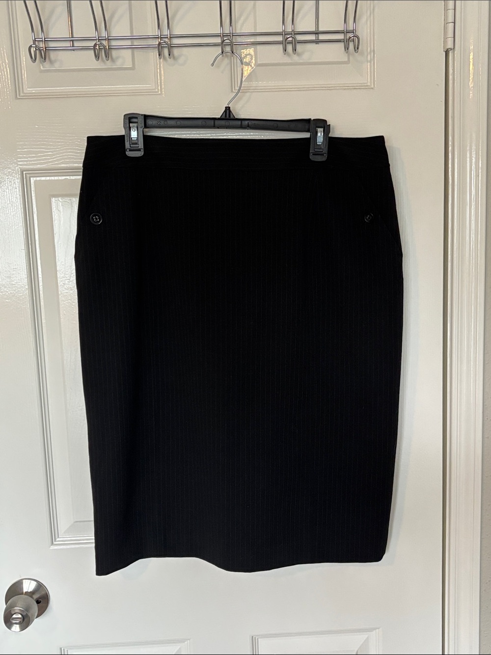 210. Rafaella Classic Black Pinstripe Pencil Skirt with Back Slit Size 14